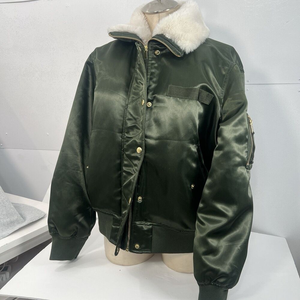 GAP Bomber flyer Jacket Faux Fur Lined Insulated Green Women's Large Gold
